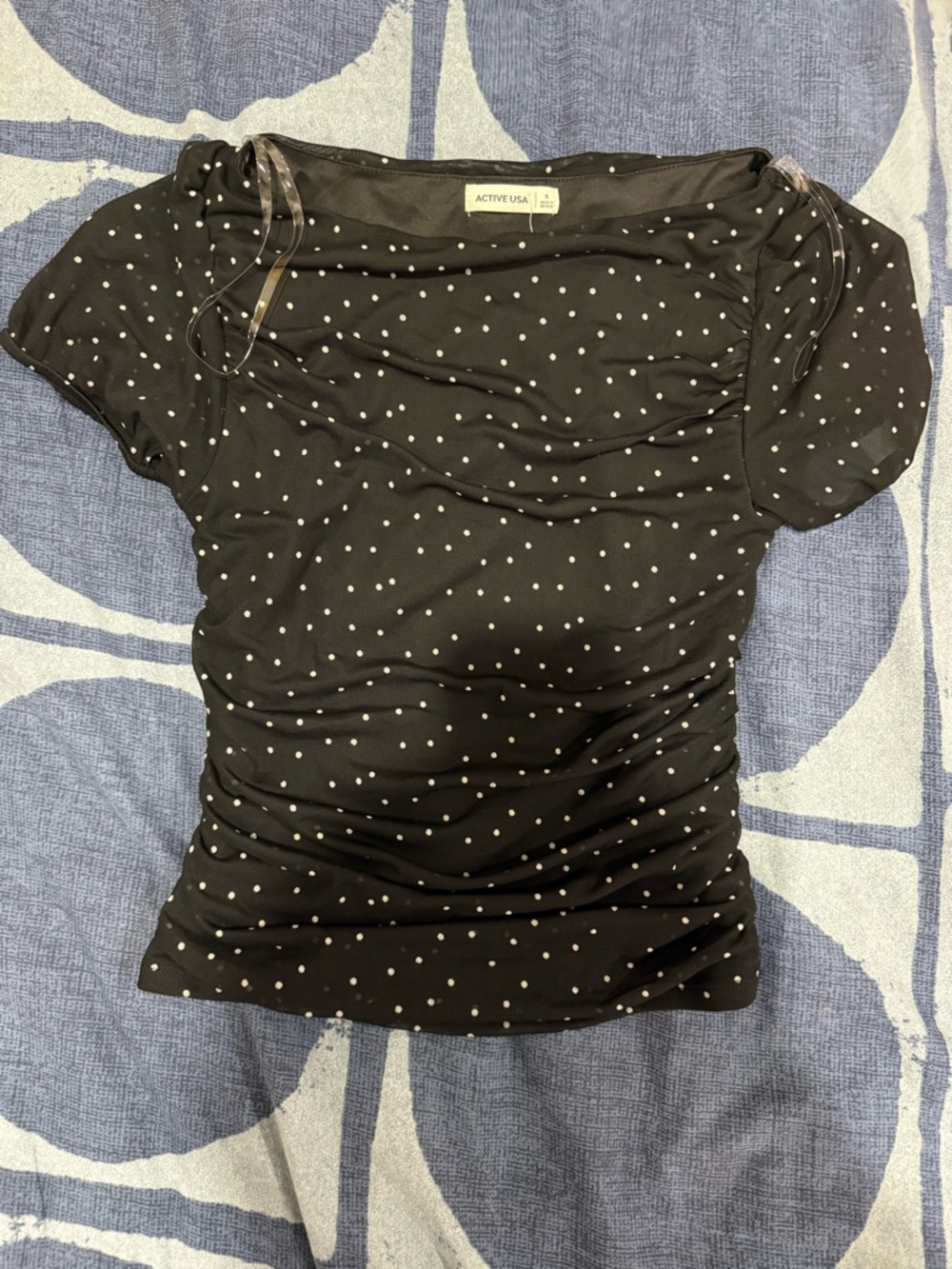 Active USA Black Polka Dot Ruched Short Sleeve Tee